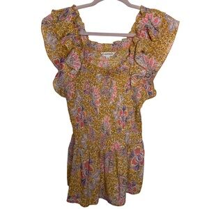 Nanette Lepore Smocked Floral Ruffle Top Mustard Yellow Boho | Women’s M